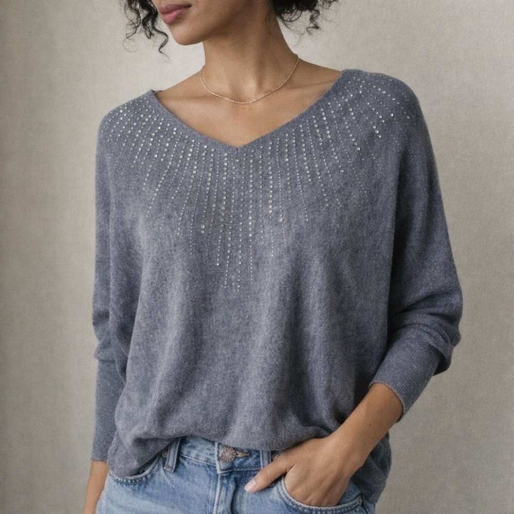 Vila Milano Rhinestone Embellished Knit‎ Sweater Heather Gray Size Large